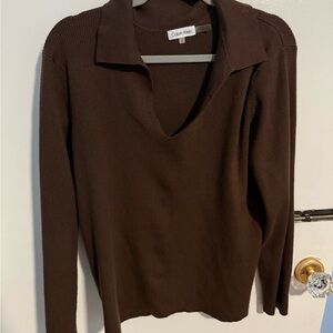 Calvin Klein Chocolate Brown Ribbed Collared Sweater